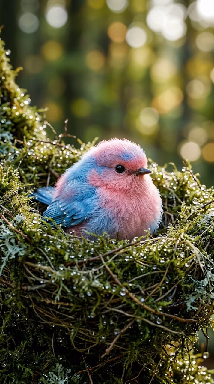 Small Pink and Blue Bird Perched on a Mossy Branch with Dew Drops - Free Mobile AMOLED Wallpaper Background
