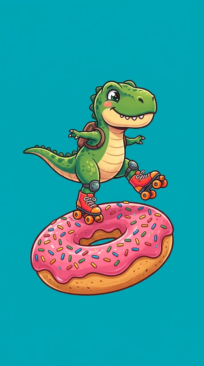 Small T-Rex Roller Skating on a Giant Pink Sprinkled Donut - Free Mobile AMOLED Wallpaper Background