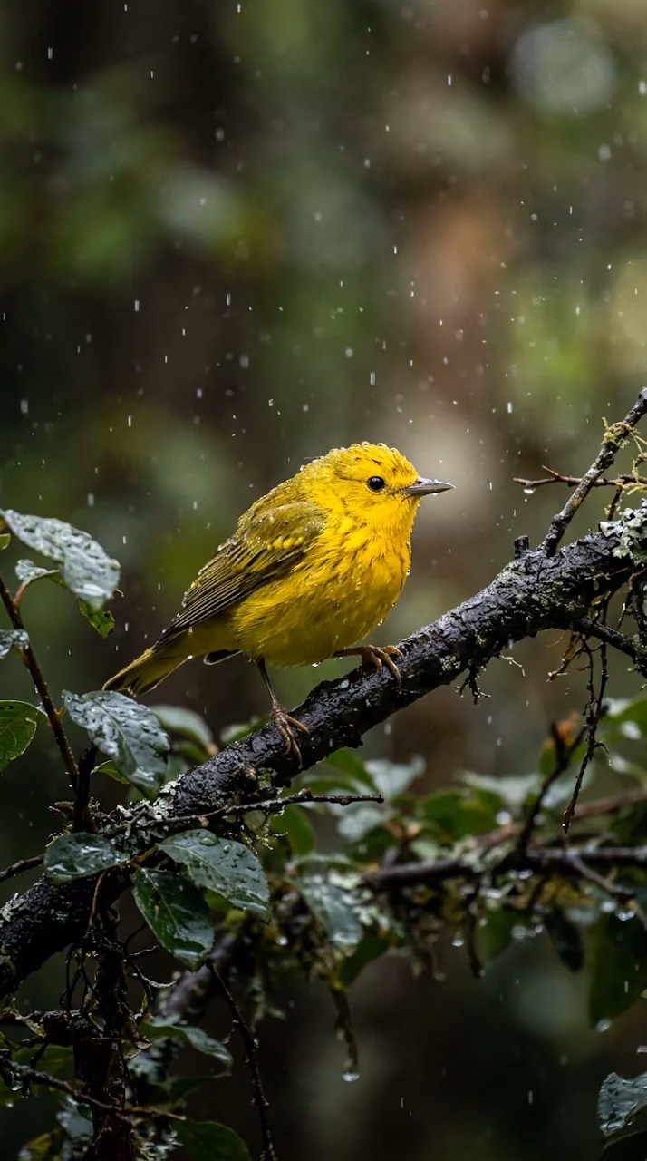 Download Small Yellow Bird Perched on a Branch During a Rainstorm Wallpaper in Mobile HD Small Yellow Bird Perched on a Branch During a Rainstorm - Free Mobile AMOLED Wallpaper Background