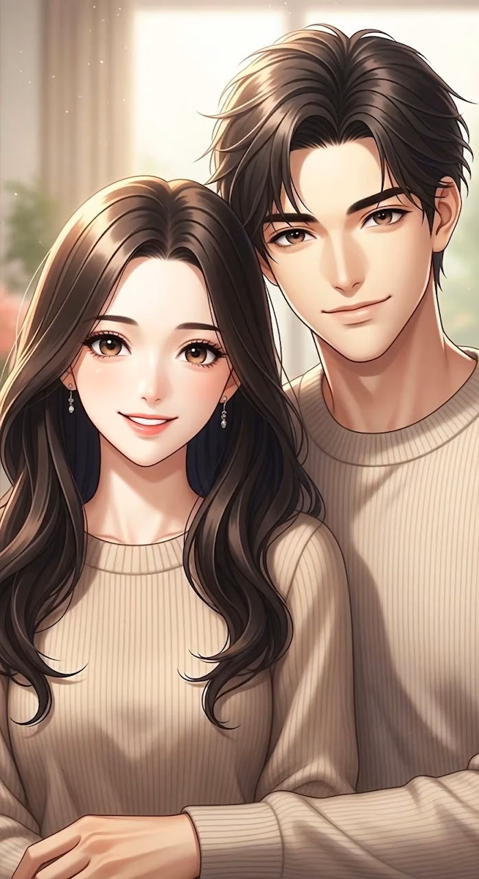 Smiling Anime Couple in Matching Beige Sweaters - Free Mobile AMOLED Wallpaper Background