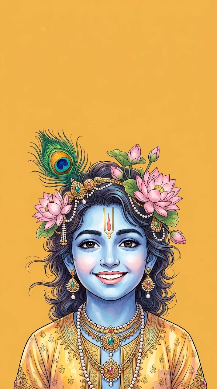 Smiling Lord Krishna with Peacock Feather and Lotus Flowers - Free Mobile AMOLED Wallpaper Background