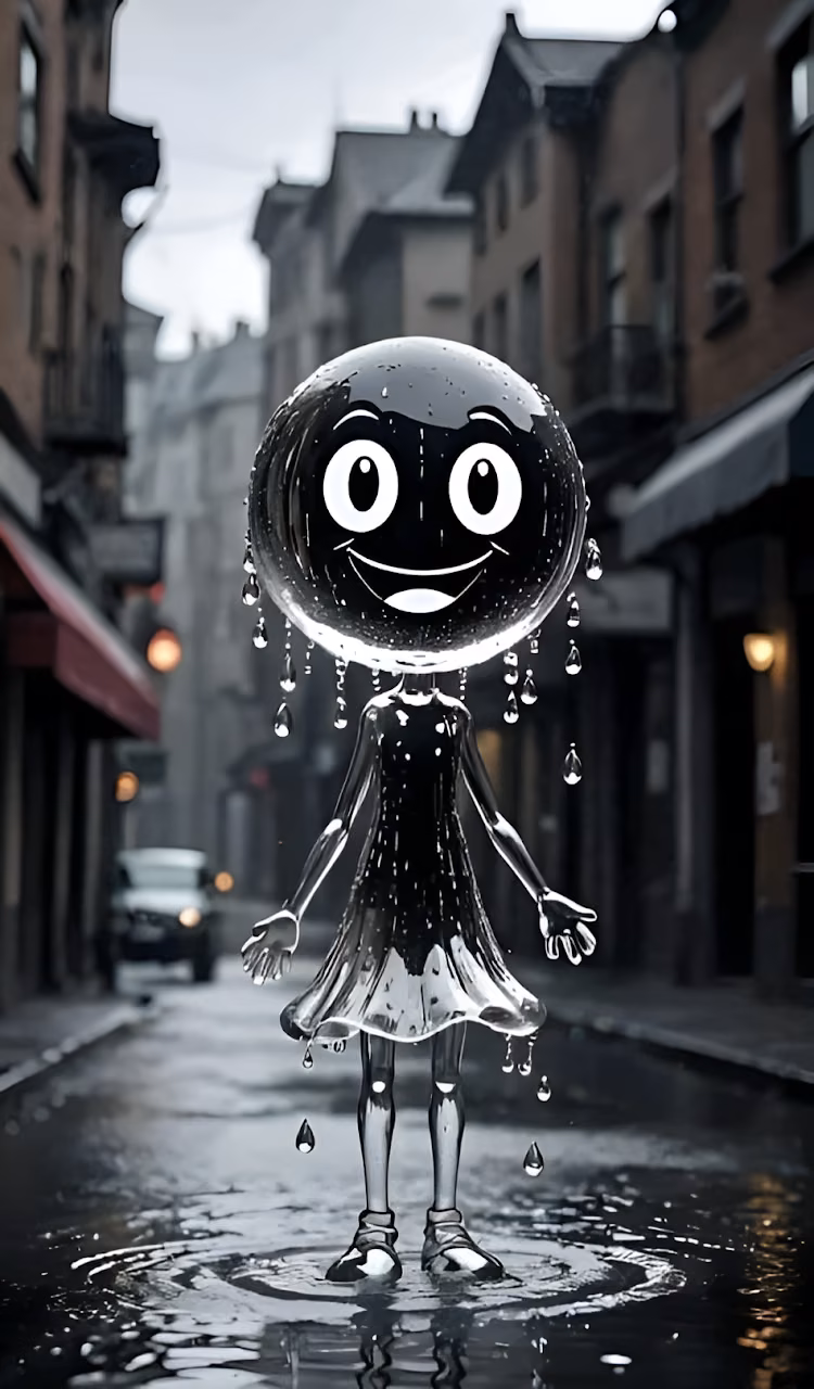 Smiling Raindrop Character on Wet City Street - Free Mobile AMOLED Wallpaper Background