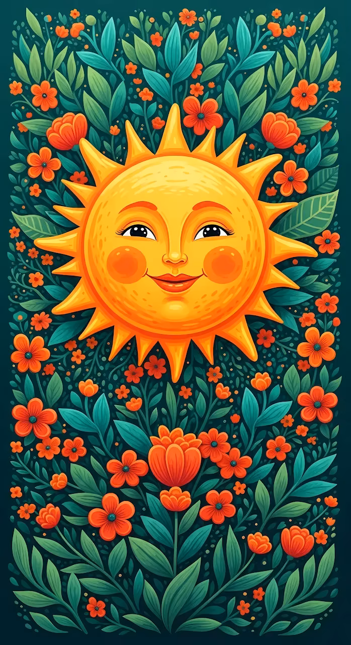 Smiling Sun Face Surrounded by Vibrant Folk Art Flowers - Free Mobile AMOLED Wallpaper Background