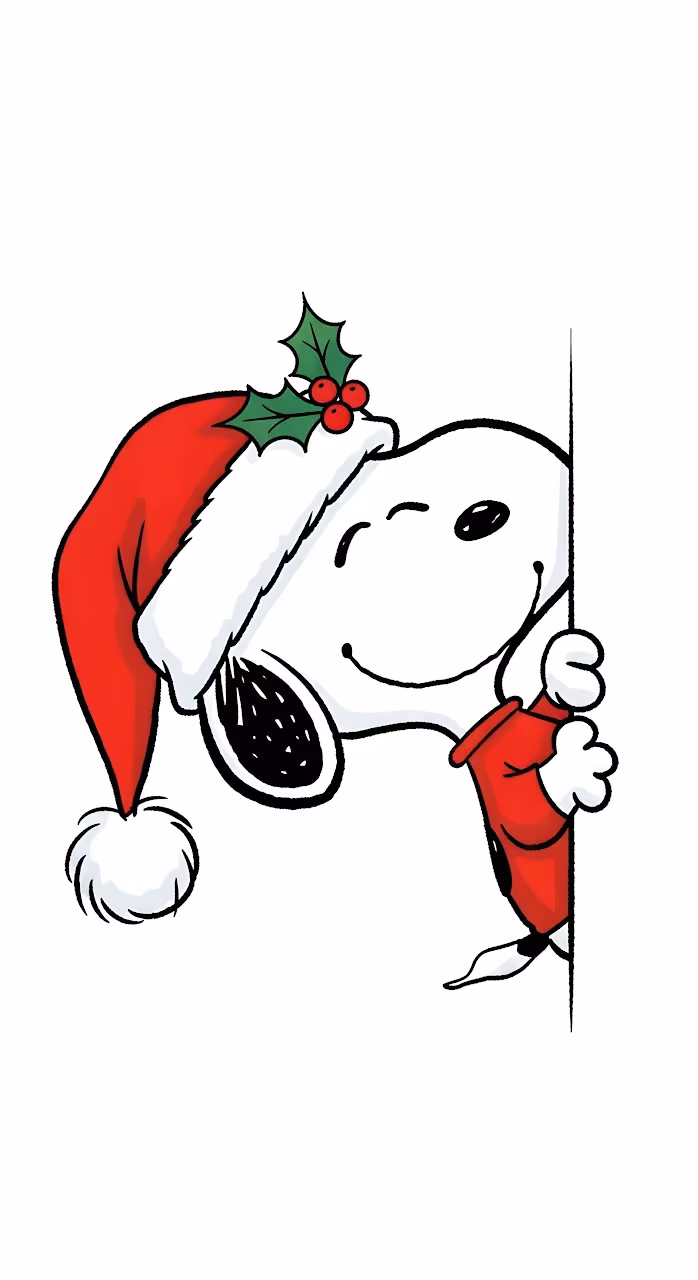 Snoopy Christmas Peeking Santa Hat Holly Illustration - Free Mobile AMOLED Wallpaper Background