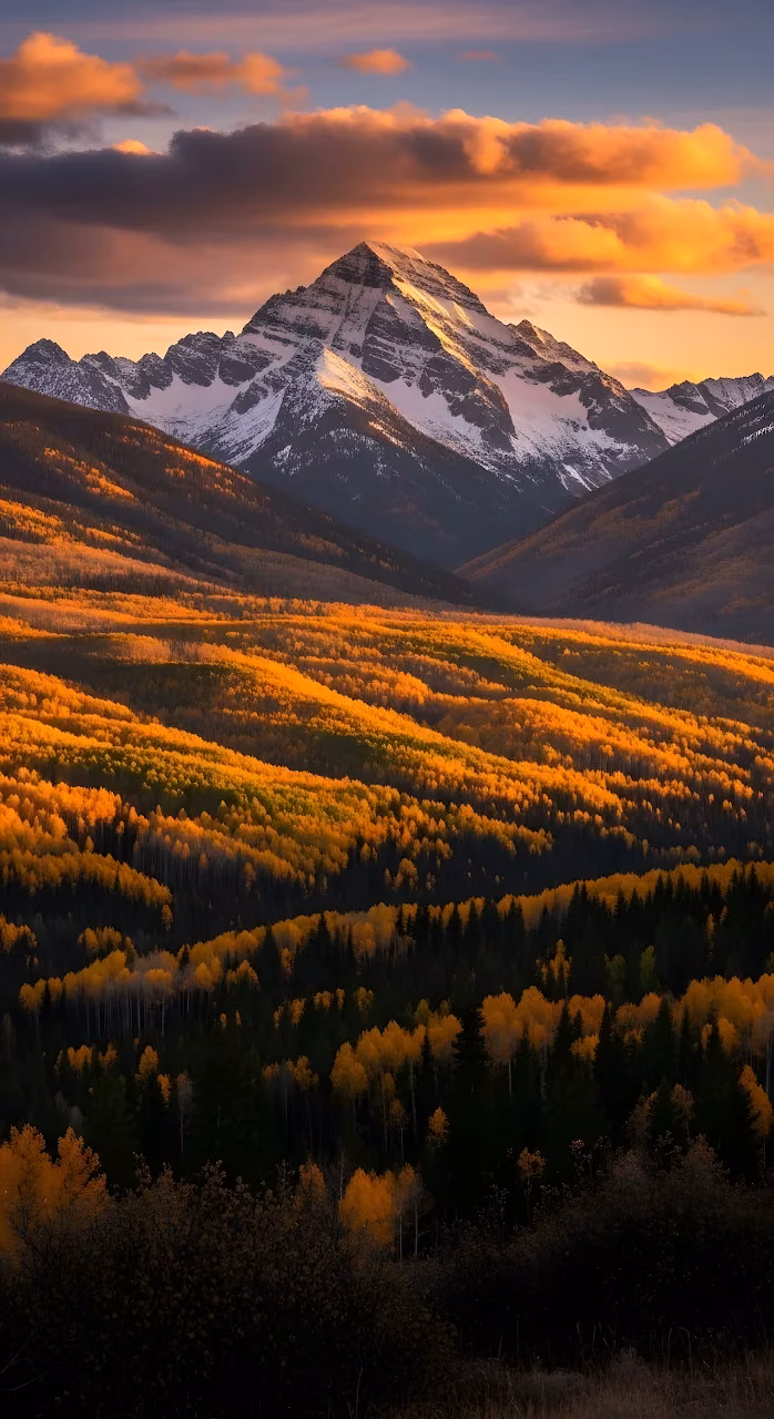 Snow-Capped Mountain Peak Over Golden Aspen Forest - Free Mobile AMOLED Wallpaper Background