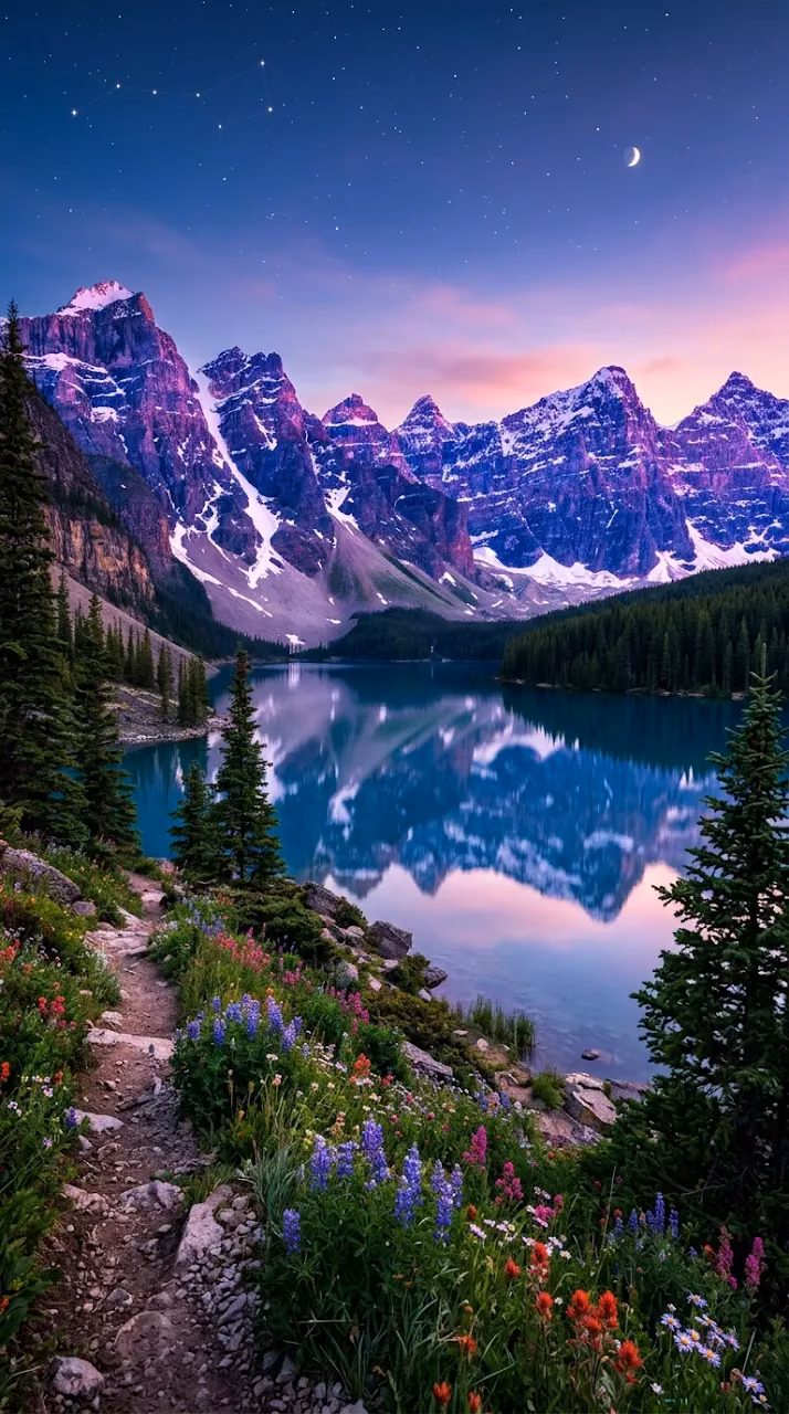 Snow-Capped Mountains and Alpine Lake at Twilight - Free Mobile AMOLED Wallpaper Background