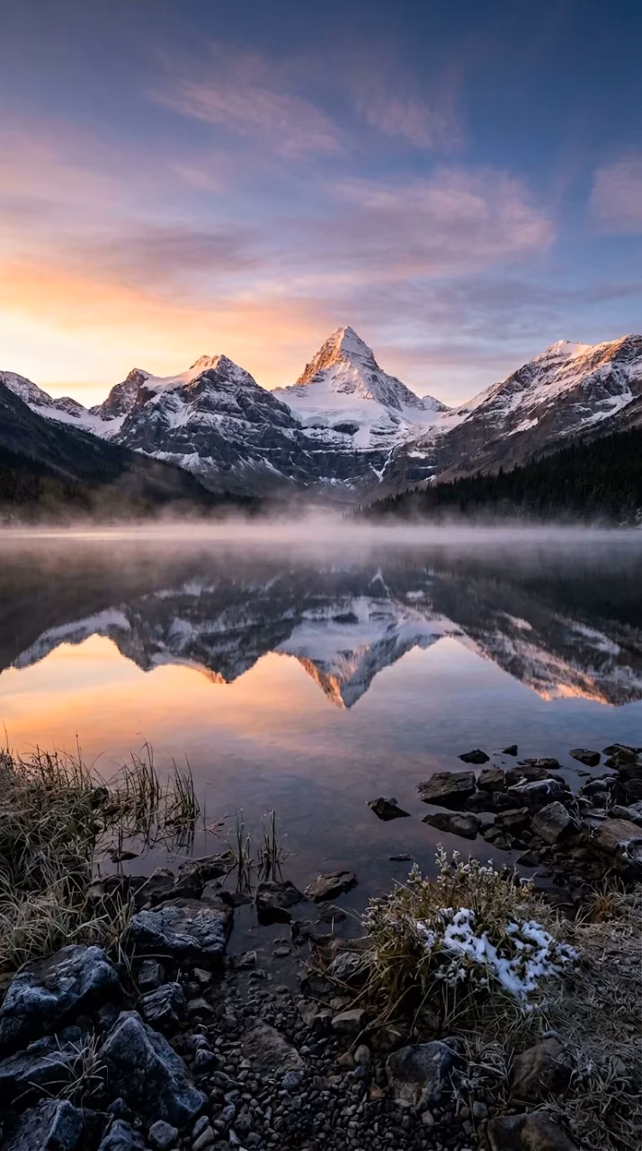 Snow-Capped Mountains and Lake Reflection at Dawn - Free Mobile AMOLED Wallpaper Background