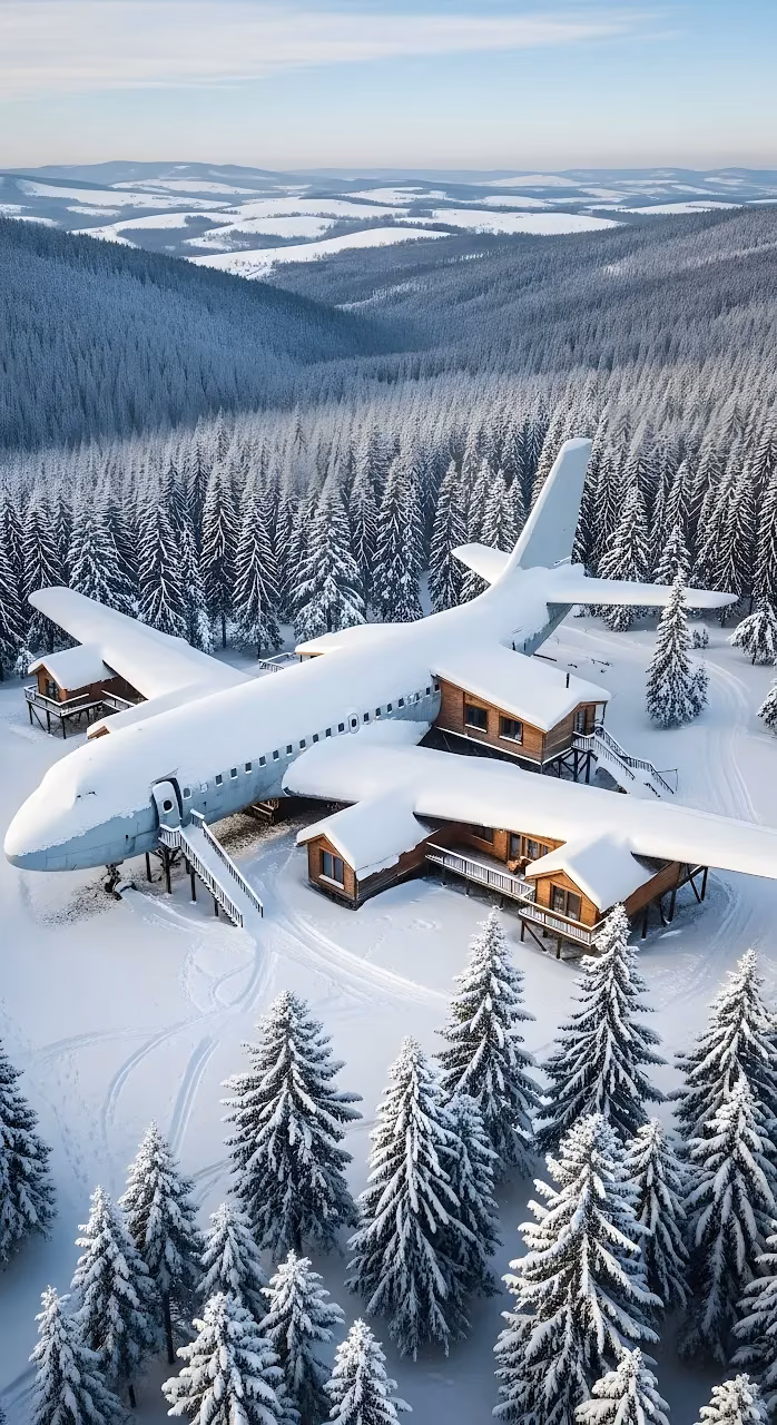 Snow Covered Airplane Hotel in Remote Winter Pine Forest - Free Mobile AMOLED Wallpaper Background