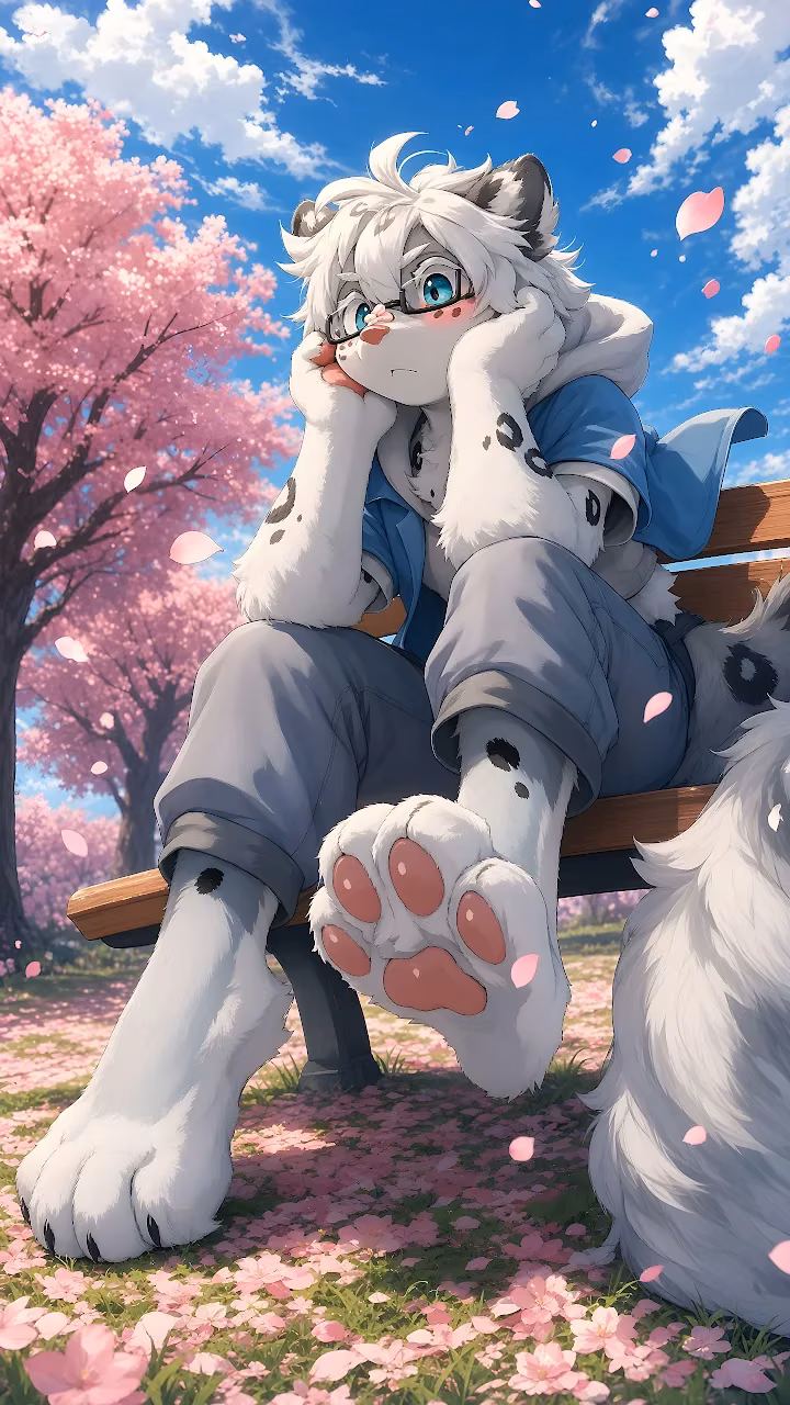 Download Snow Leopard Furry Cherry Blossom Bench 4K Wallpaper in Mobile HD Anime snow leopard character with glasses and large paw pads sitting on a wooden bench beneath pink trees.