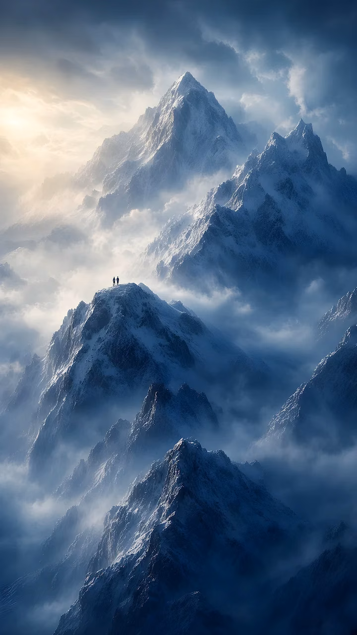 Silhouetted mountaineers standing atop a sharp snow-covered peak surrounded by low clouds.