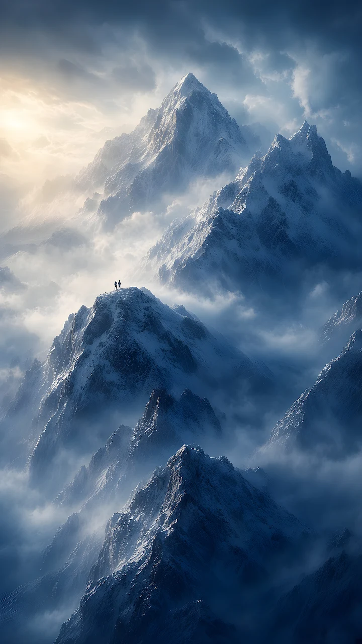 Download Snow Mountain Peak Hikers Clouds 4K Wallpaper in 4K UHD Silhouetted mountaineers standing atop a sharp snow-covered peak surrounded by low clouds.