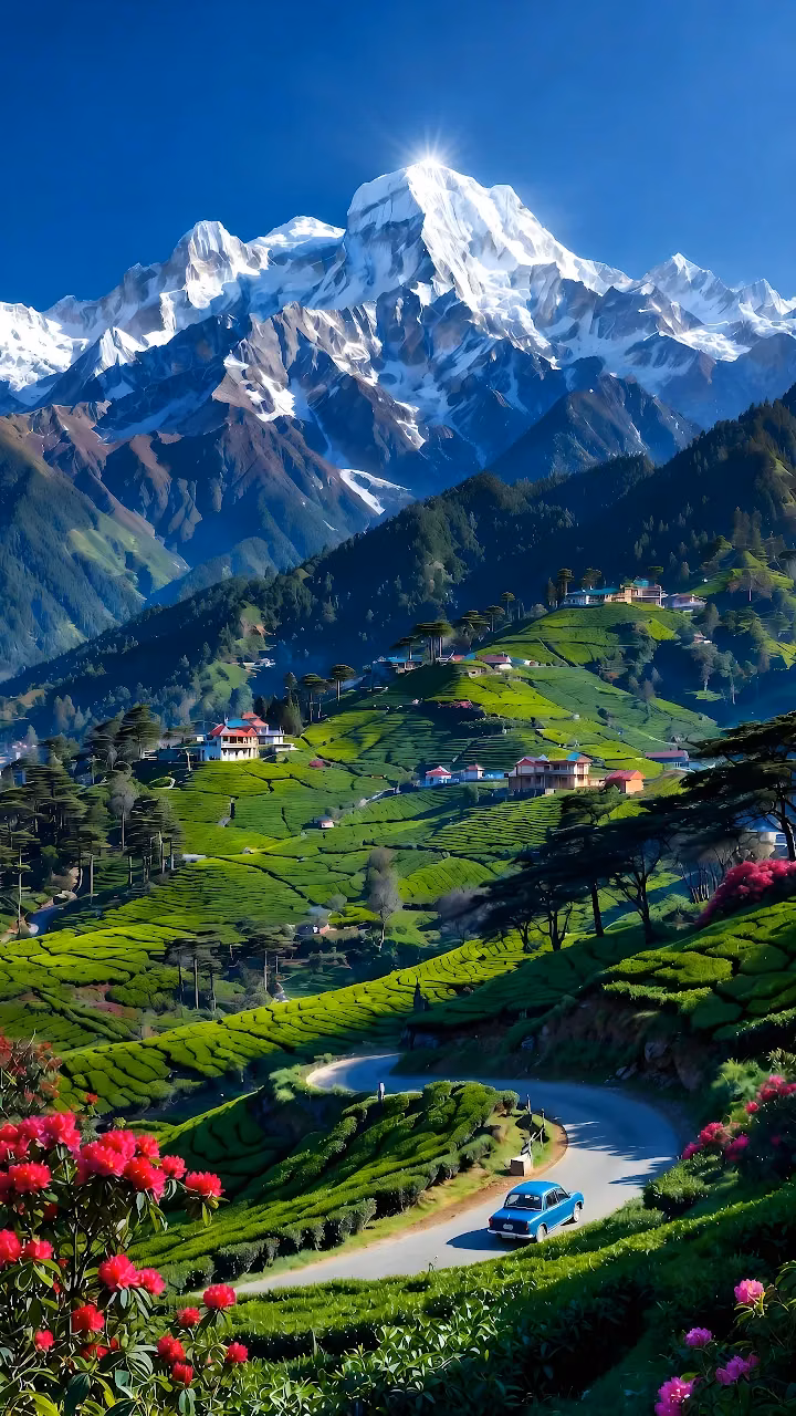 Blue vintage car driving on a winding mountain road between stepped green tea terraces below snow peaks.