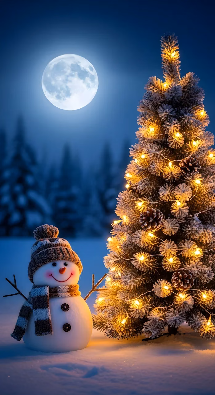 Snowman and Lit Christmas Tree under Full Moon - Free Mobile AMOLED Wallpaper Background