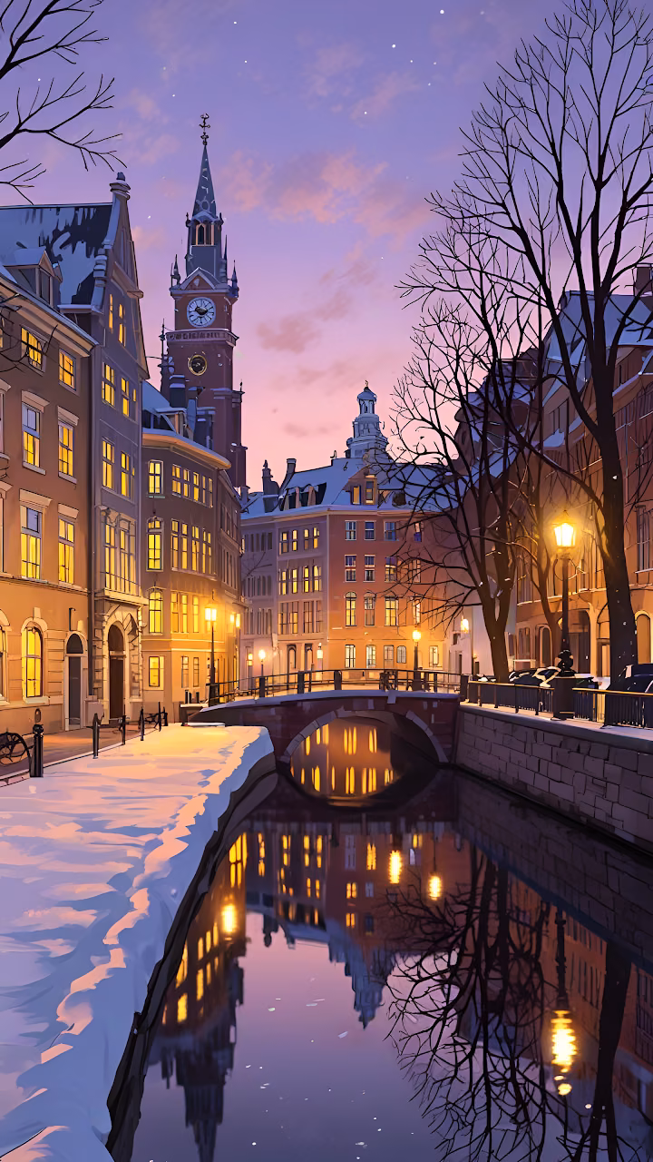 Snowy Canal Street at Dusk with Glowing Windows and Clock Tower - Free Mobile AMOLED Wallpaper Background