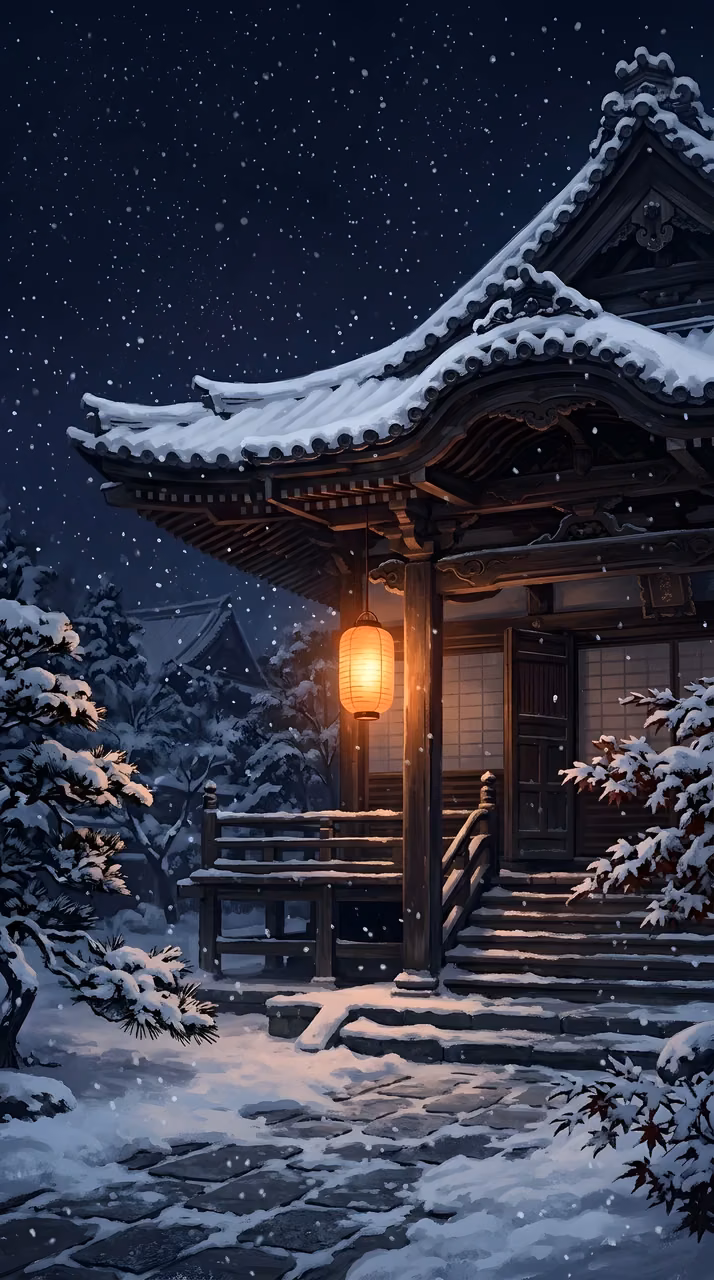 Snowy Japanese Temple Courtyard at Night - Free Mobile AMOLED Wallpaper Background