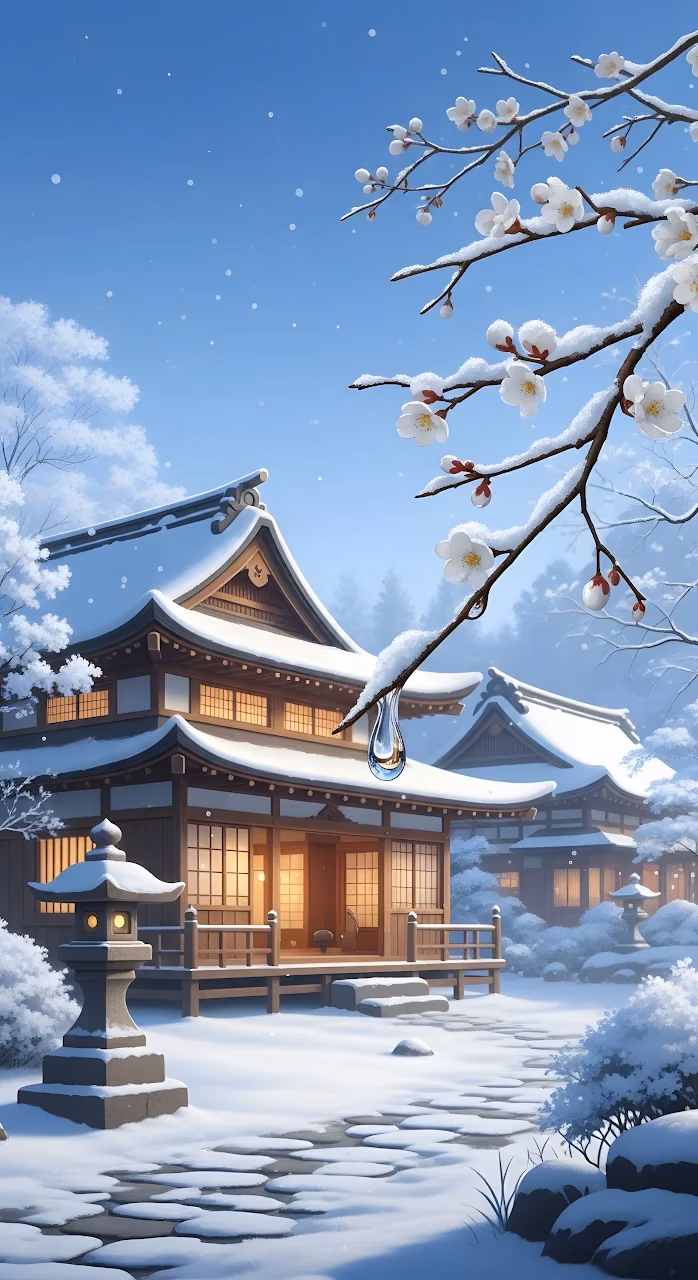 Download Snowy Japanese Temple with Plum Blossoms and Melting Ice Wallpaper in Mobile HD Snowy Japanese Temple with Plum Blossoms and Melting Ice - Free Mobile AMOLED Wallpaper Background