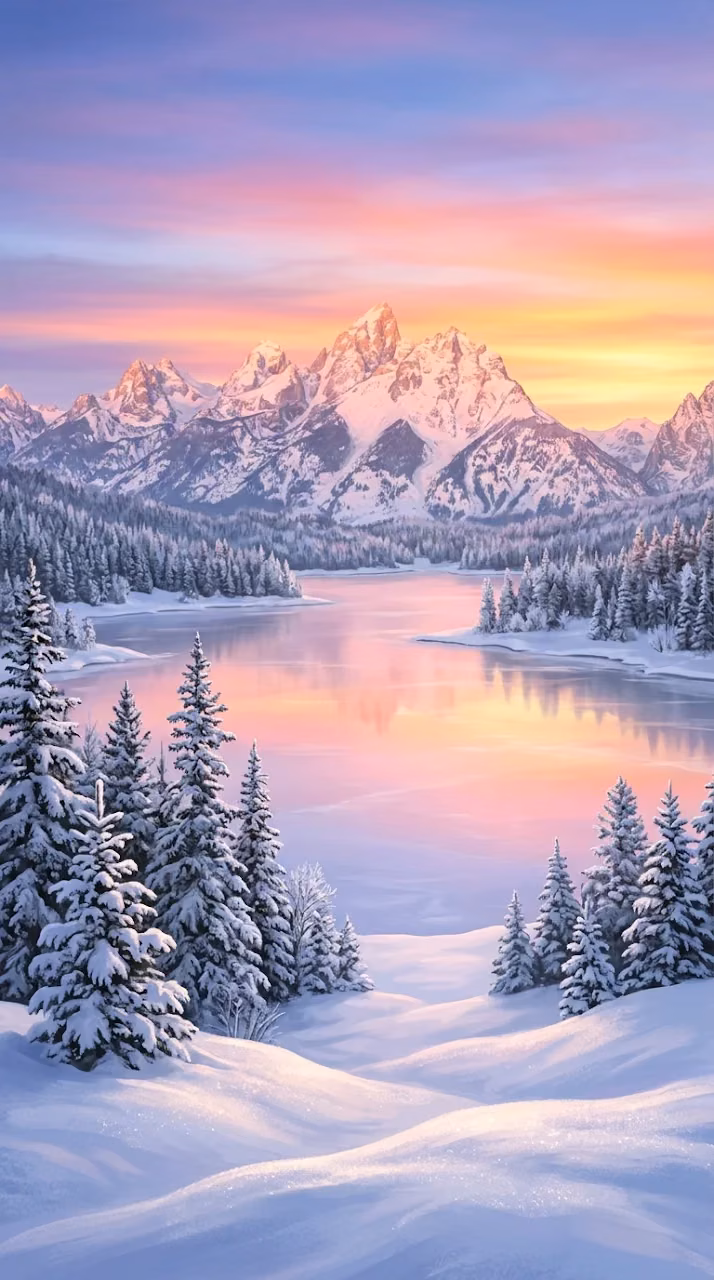Download Snowy Mountain Landscape at Dawn with Frozen Lake Reflection Wallpaper in Mobile HD Snowy Mountain Landscape at Dawn with Frozen Lake Reflection - Free Mobile AMOLED Wallpaper Background