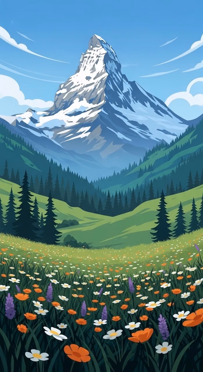 Snowy Mountain Peak Over Wildflower Meadow Illustration - Free Mobile AMOLED Wallpaper Background