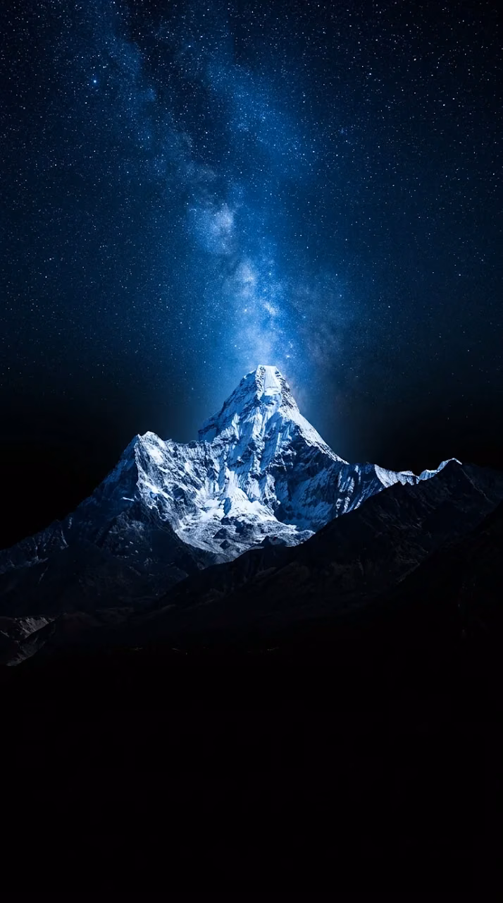 Snowy Mountain Peak Starlit Blue Sky Cosmic Light Wallpaper - Free Mobile AMOLED Wallpaper Background