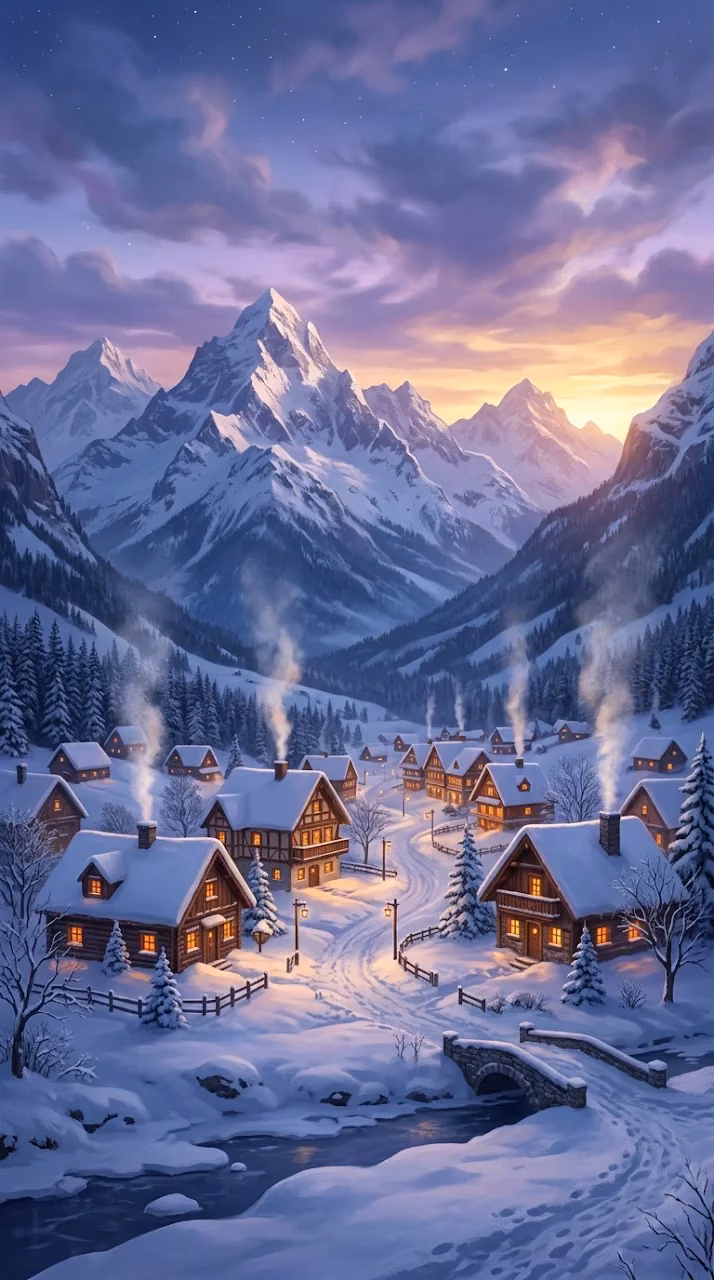 Snowy Mountain Village at Dusk with Purple Sky and Cozy Cabins - Free Mobile AMOLED Wallpaper Background