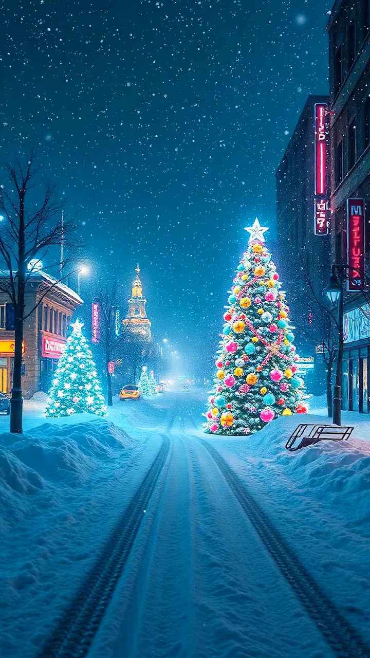 Snowy Street with Glowing Christmas Trees at Night - Free Mobile AMOLED Wallpaper Background