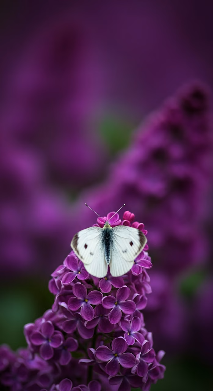 Soft Focus Macro Photograph of a White Butterfly on a Vibrant Purple Lilac Flower Cluster - Free Mobile AMOLED Wallpaper Background