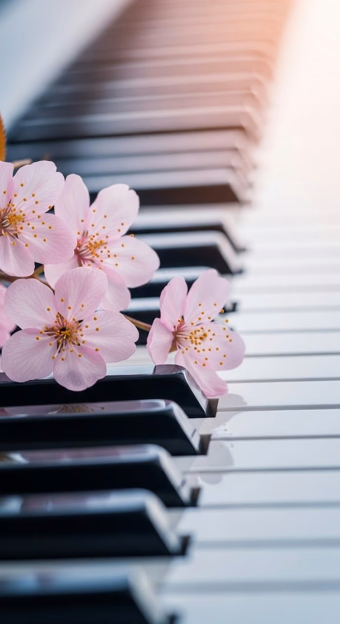 Soft Pink Cherry Blossoms Resting on Piano Keys - Free Mobile AMOLED Wallpaper Background