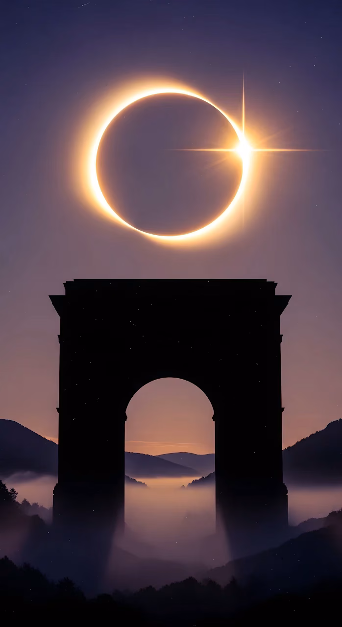 Solar Eclipse Starburst Above Roman Arch Silhouette - Free Mobile AMOLED Wallpaper Background