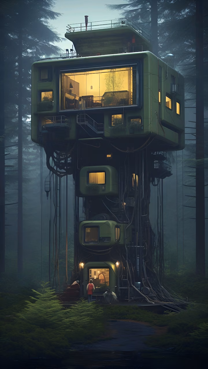 Solarpunk Modular Habitat in Misty Evergreen Forest - Free Mobile AMOLED Wallpaper Background