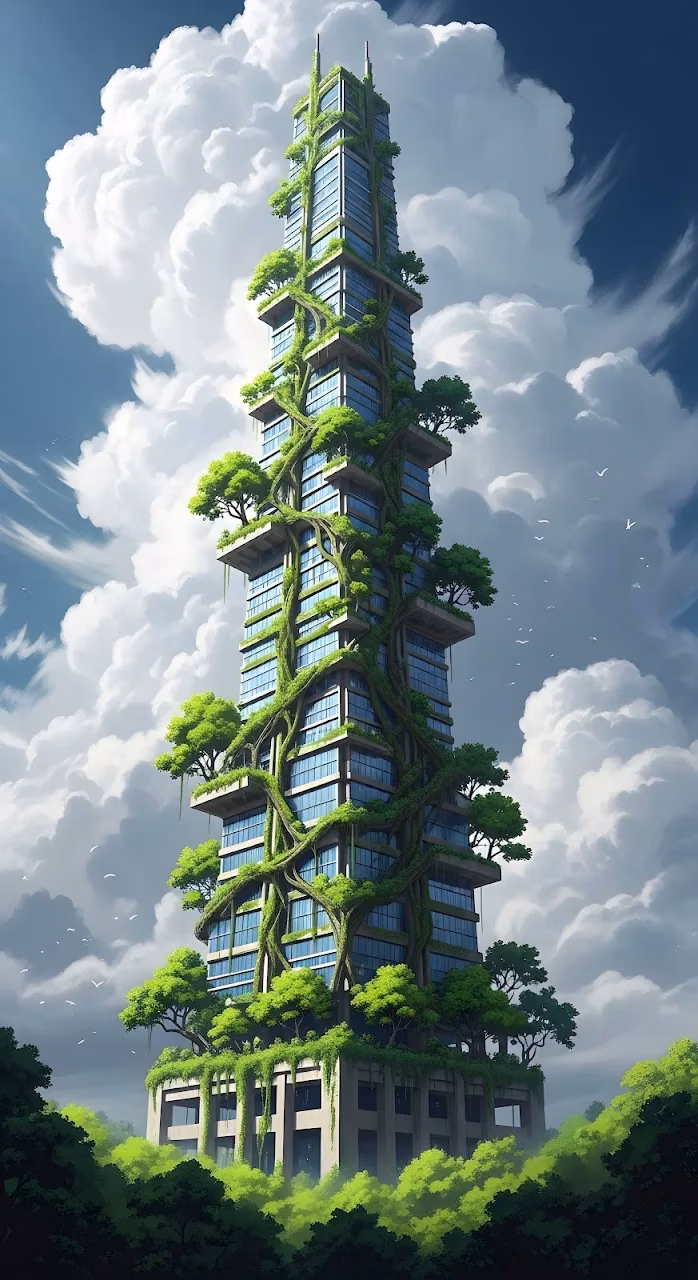 Solarpunk Skyscraper Reclaimed by Lush Green Vines - Free Mobile AMOLED Wallpaper Background