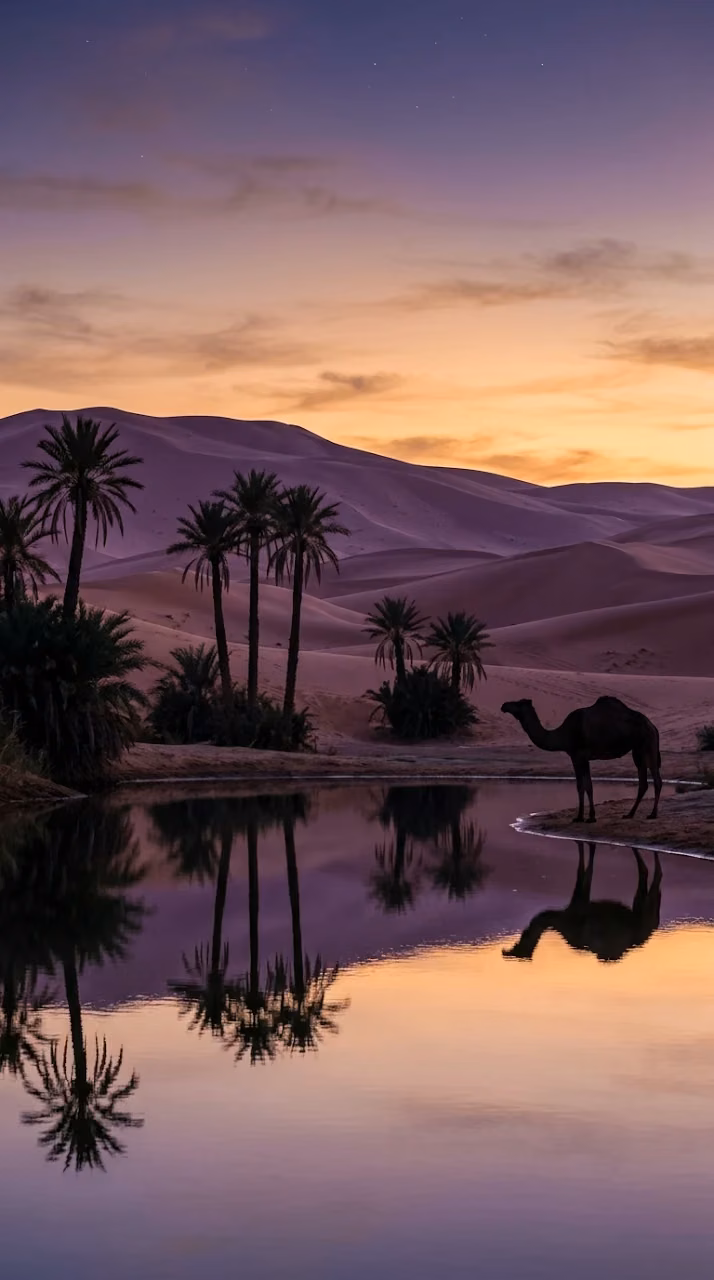 Solitary Camel and Palm Trees Oasis at Sunset Landscape - Free Mobile AMOLED Wallpaper Background