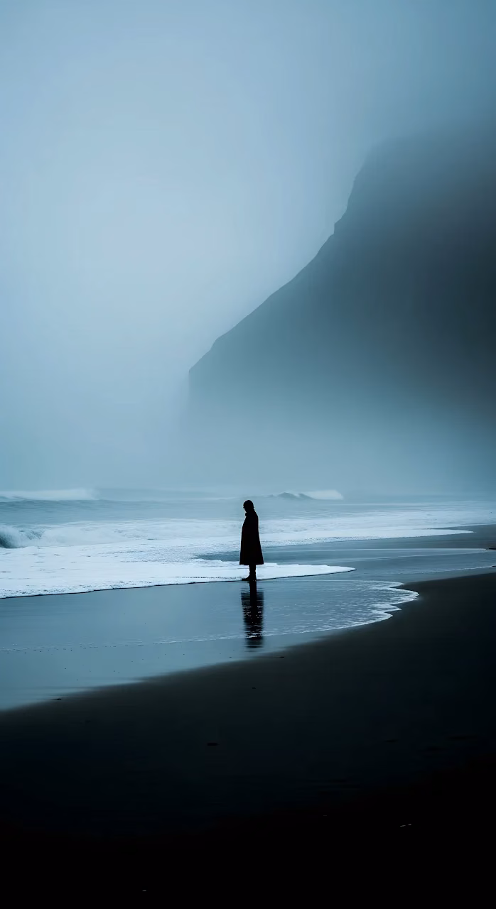 Solitary Figure Black Sand Beach Foggy Cliff Ocean - Free Mobile AMOLED Wallpaper Background