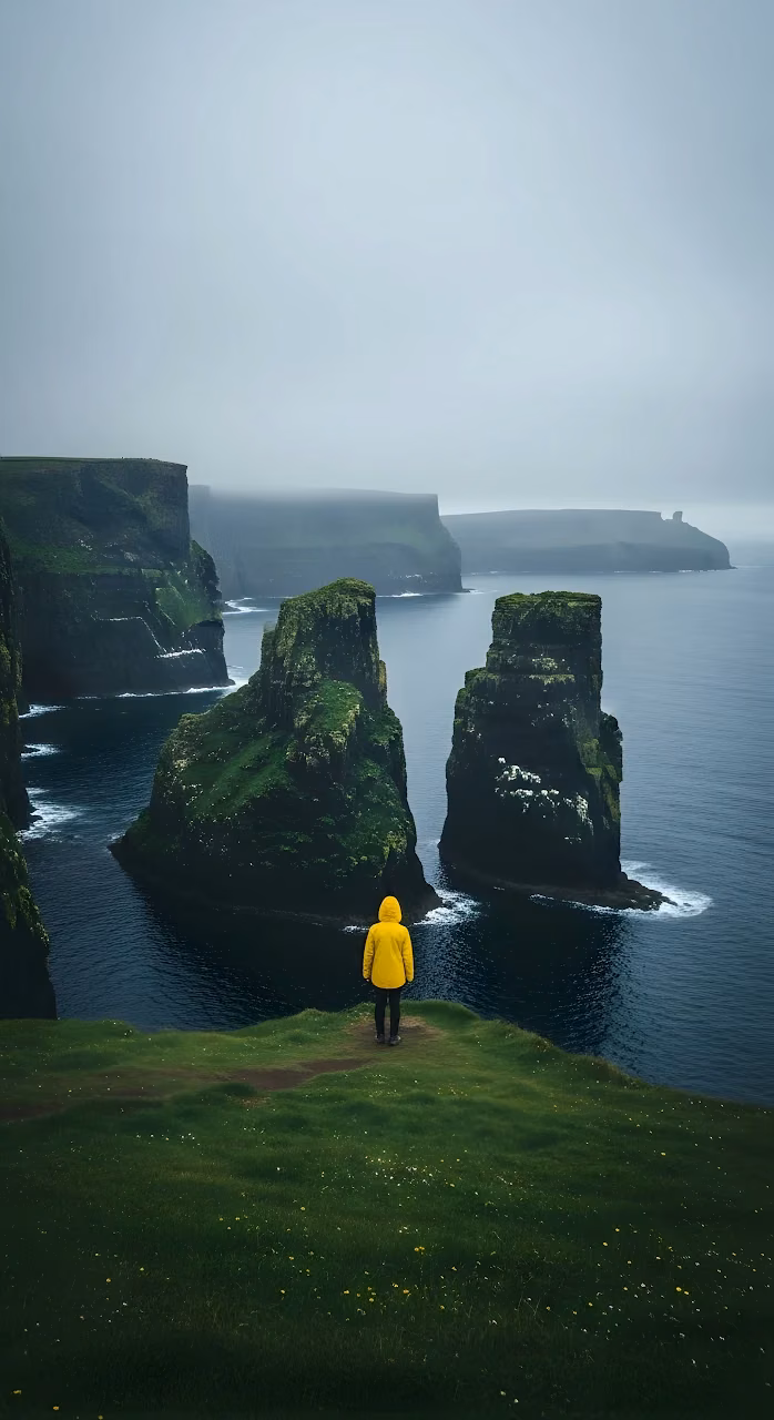 Solitary Figure on Cliffs Overlooking Sea Stacks - Free Mobile AMOLED Wallpaper Background