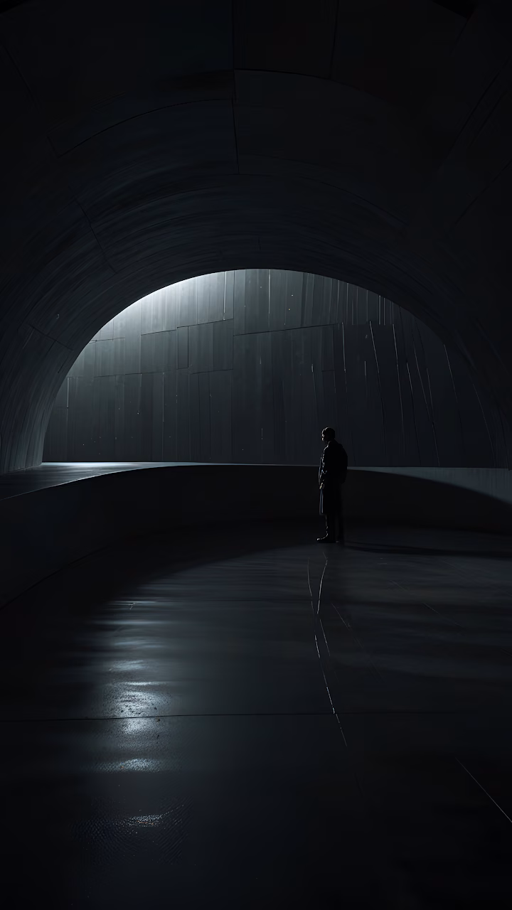 Solitary Figure in Dark Futuristic Architectural Archway - Free Mobile AMOLED Wallpaper Background