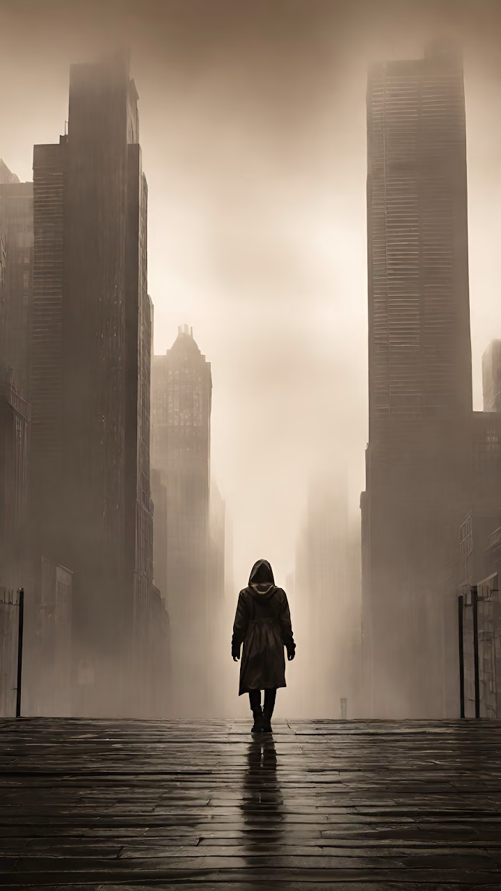 Download Solitary Figure in Foggy Dystopian City Street Sepia Wallpaper in Mobile HD Solitary Figure in Foggy Dystopian City Street Sepia - Free Mobile AMOLED Wallpaper Background