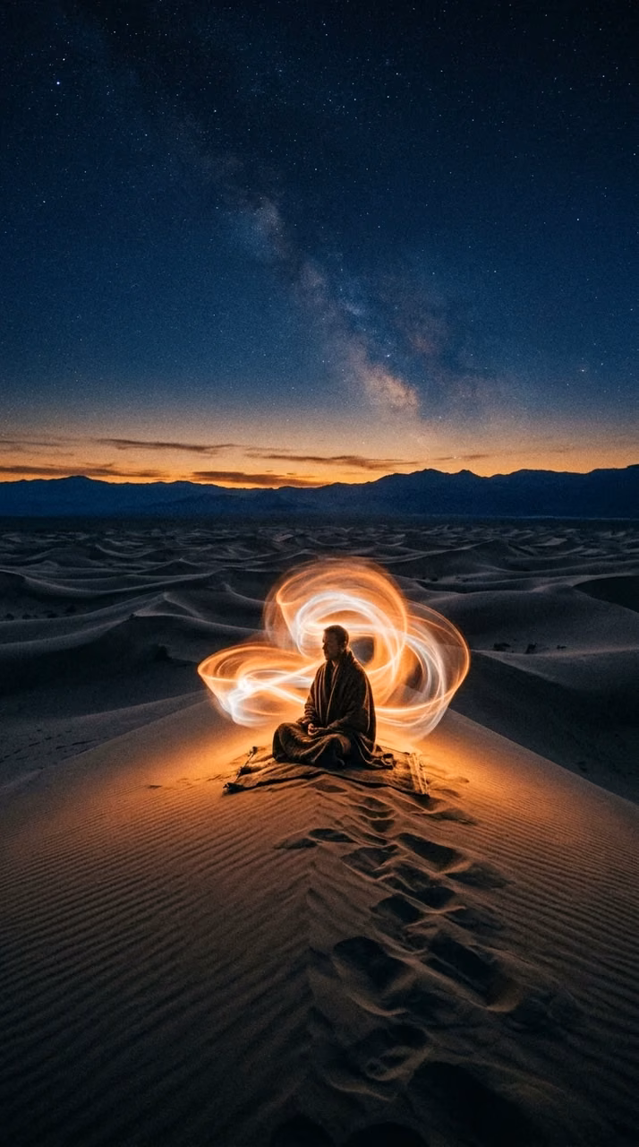 Download Solitary Figure Meditating in Desert with Glowing Orange Aura at Twilight Wallpaper in Mobile HD Solitary Figure Meditating in Desert with Glowing Orange Aura at Twilight - Free Mobile AMOLED Wallpaper Background