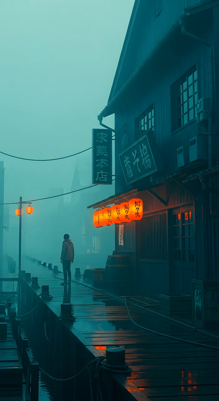 Solitary Figure Misty Japanese Pier Teal Orange Glow - Free Mobile AMOLED Wallpaper Background