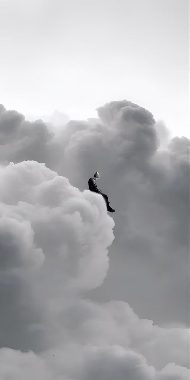 Solitary Figure Sitting on Cloud Edge Monochrome Art - Free Mobile AMOLED Wallpaper Background