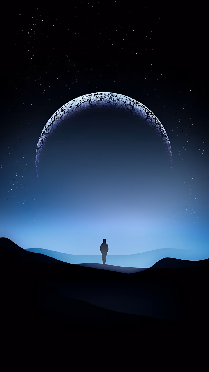 Solitary Figure Under Massive Alien Planet Minimalist Art - Free Mobile AMOLED Wallpaper Background