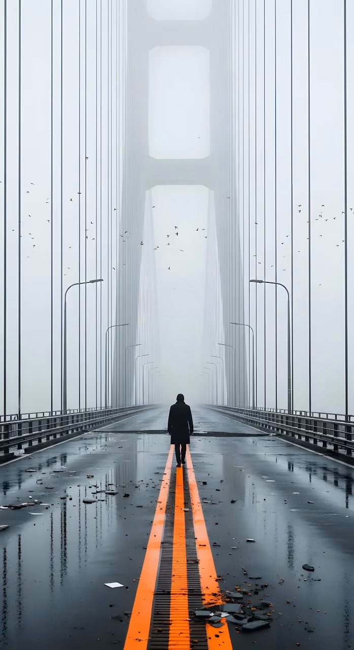 Solitary Figure Walking Foggy Suspension Bridge Structure - Free Mobile AMOLED Wallpaper Background
