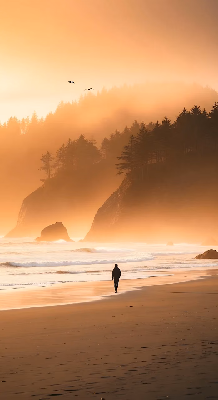 Download Solitary Figure Walking on Golden Beach at Sunset Fog Wallpaper in Mobile HD Solitary Figure Walking on Golden Beach at Sunset Fog - Free Mobile AMOLED Wallpaper Background