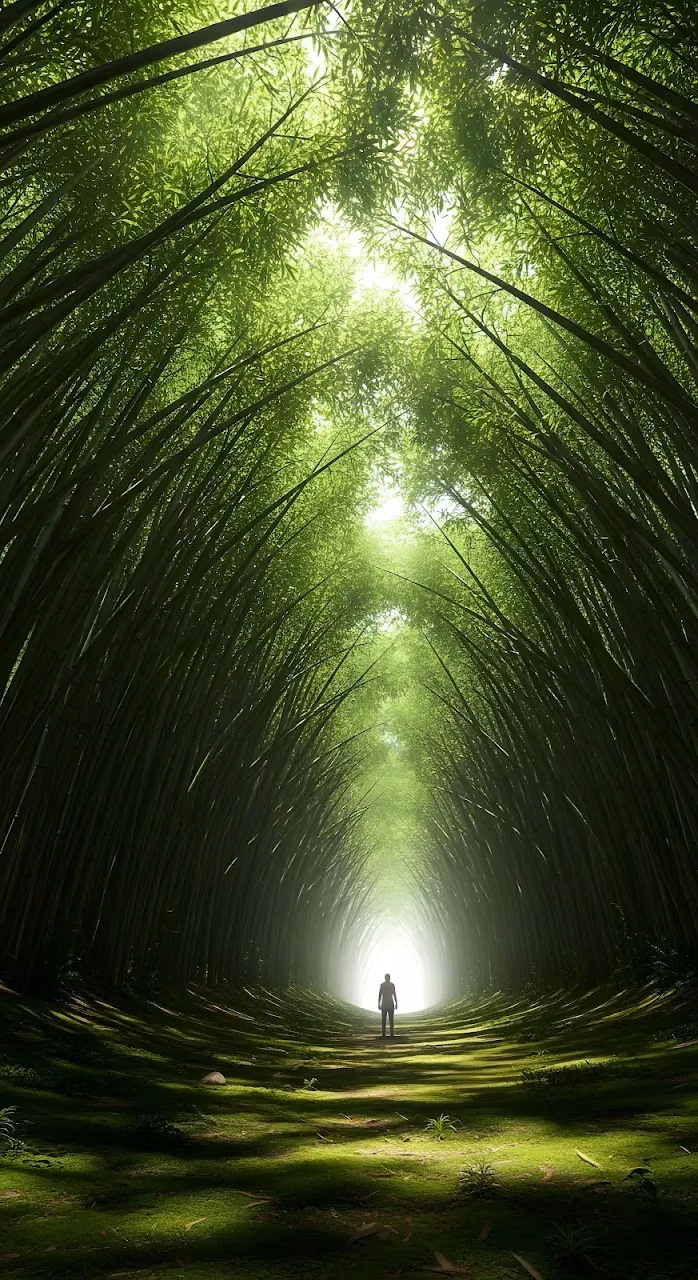 Download Solitary Figure Walking Through Luminous Bamboo Tunnel Wallpaper in Mobile HD Solitary Figure Walking Through Luminous Bamboo Tunnel - Free Mobile AMOLED Wallpaper Background