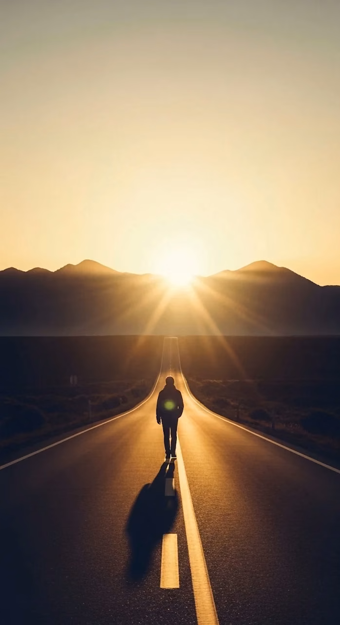 Solitary Figure Walking Towards Sunset on Endless Desert Road - Free Mobile AMOLED Wallpaper Background