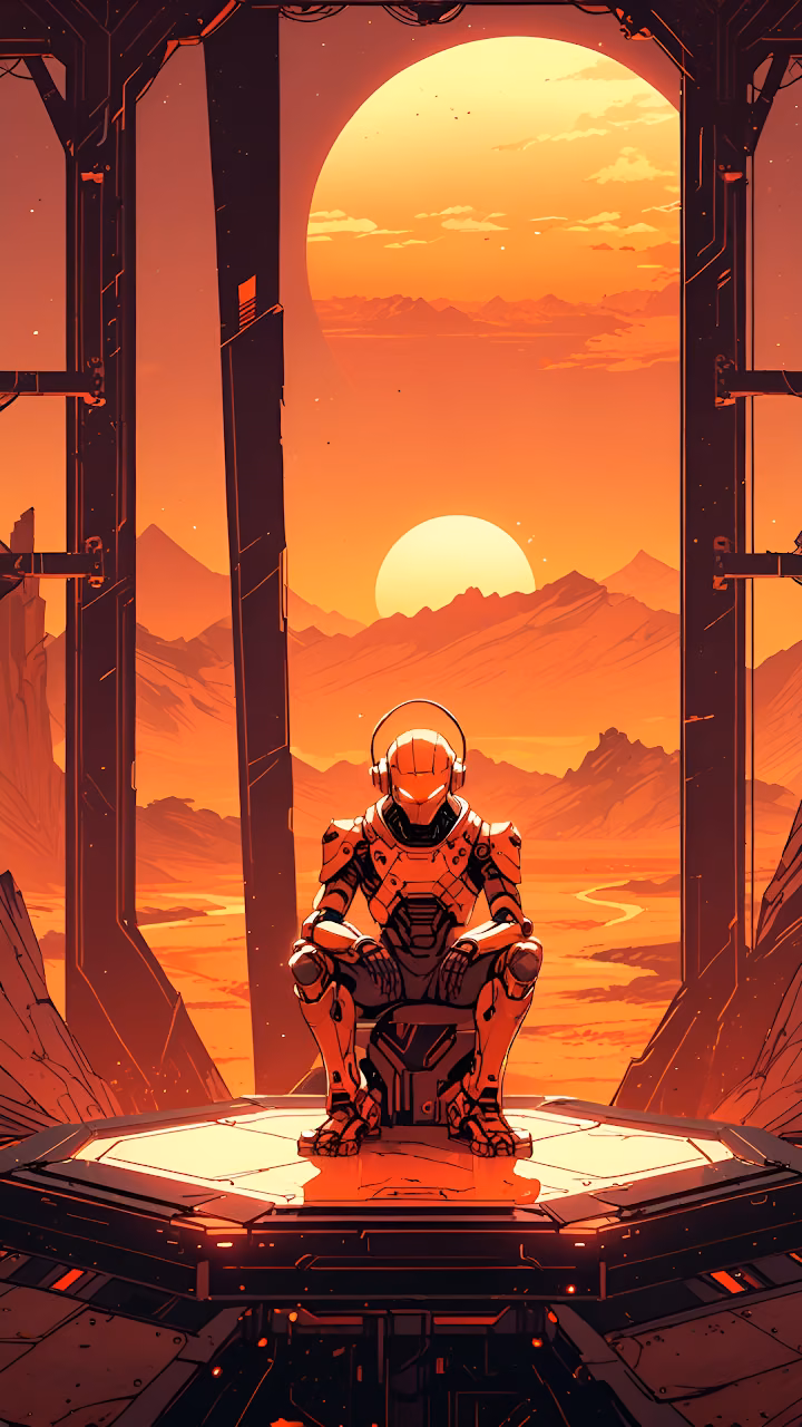 Solitary Robot Meditating on Mars Alien Desert Sunset - Free Mobile AMOLED Wallpaper Background
