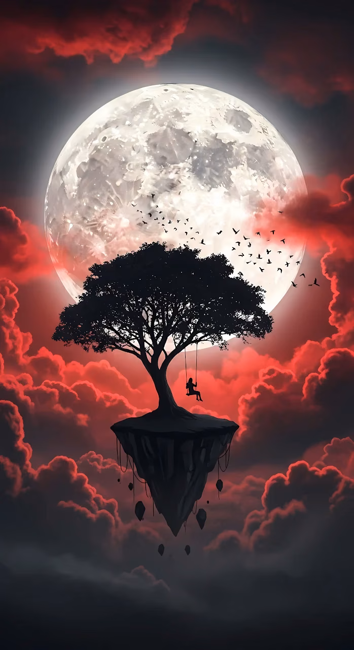 Download Solitary Swing on a Floating Island Under a Red Moon Wallpaper in Mobile HD Solitary Swing on a Floating Island Under a Red Moon - Free Mobile AMOLED Wallpaper Background