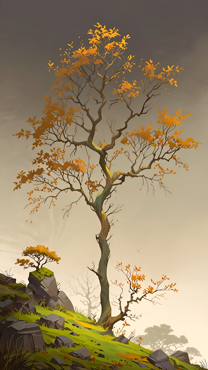 Download Solitary Tree with Golden Leaves on Rocky Hillside Wallpaper in Mobile HD Solitary Tree with Golden Leaves on Rocky Hillside - Free Mobile AMOLED Wallpaper Background