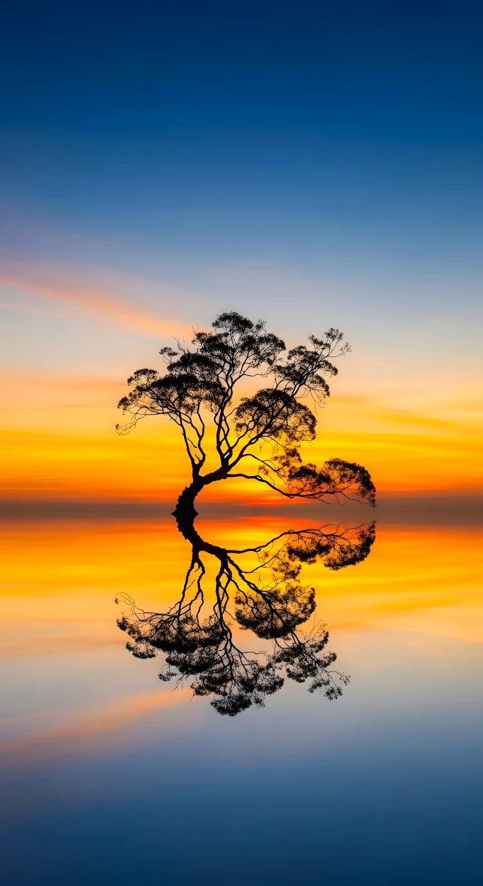 Solitary Tree Silhouette Sunset Reflection Vibrant Colors - Free Mobile AMOLED Wallpaper Background
