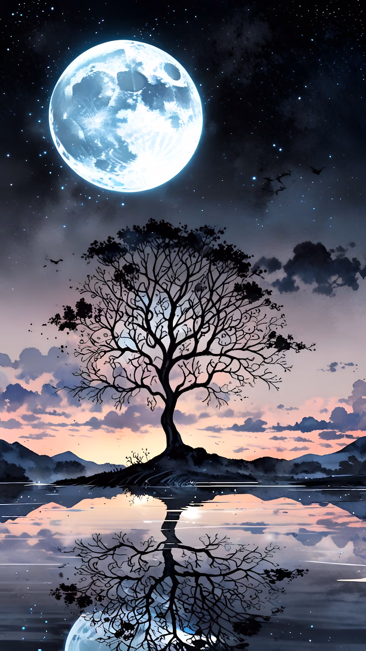 Solitary Tree Silhouette Under Giant Blue Full Moon - Free Mobile AMOLED Wallpaper Background