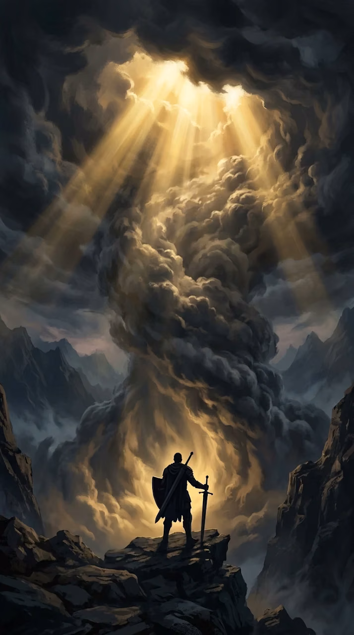 Solitary Warrior Facing a Heavenly Light Through Clouds - Free Mobile AMOLED Wallpaper Background