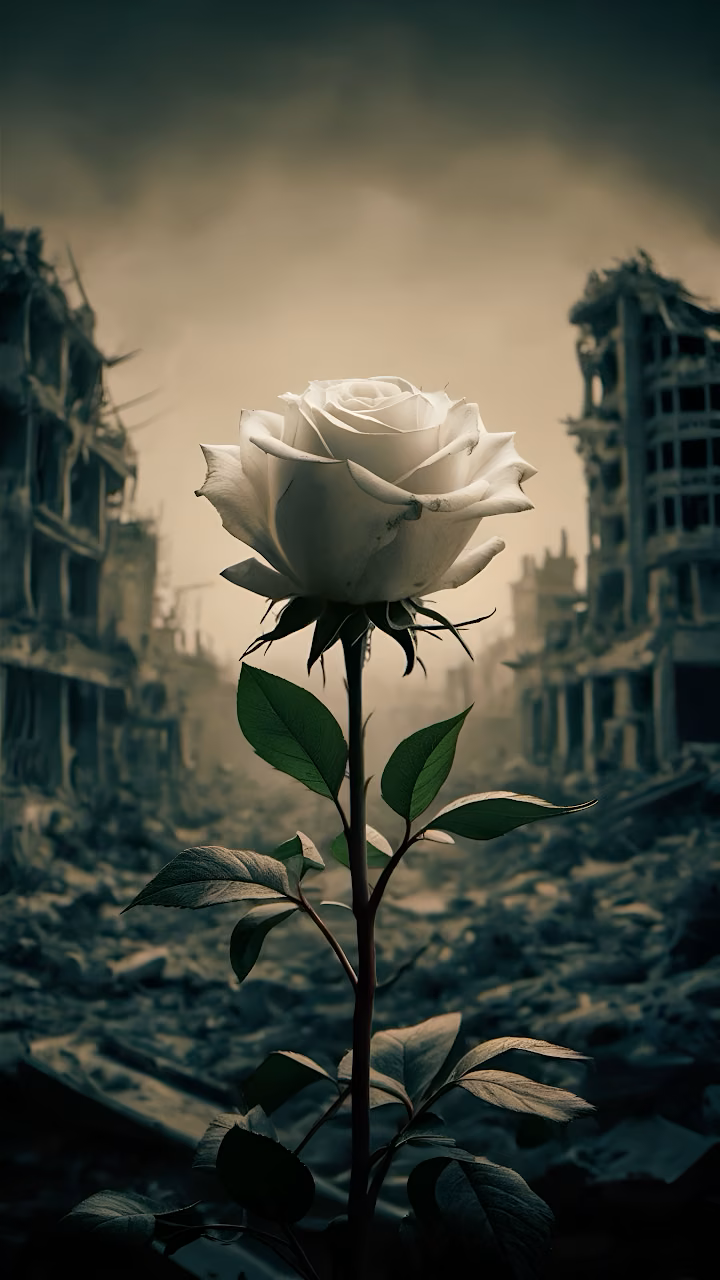 Solitary White Rose in Desolate City Ruins - Free Mobile AMOLED Wallpaper Background